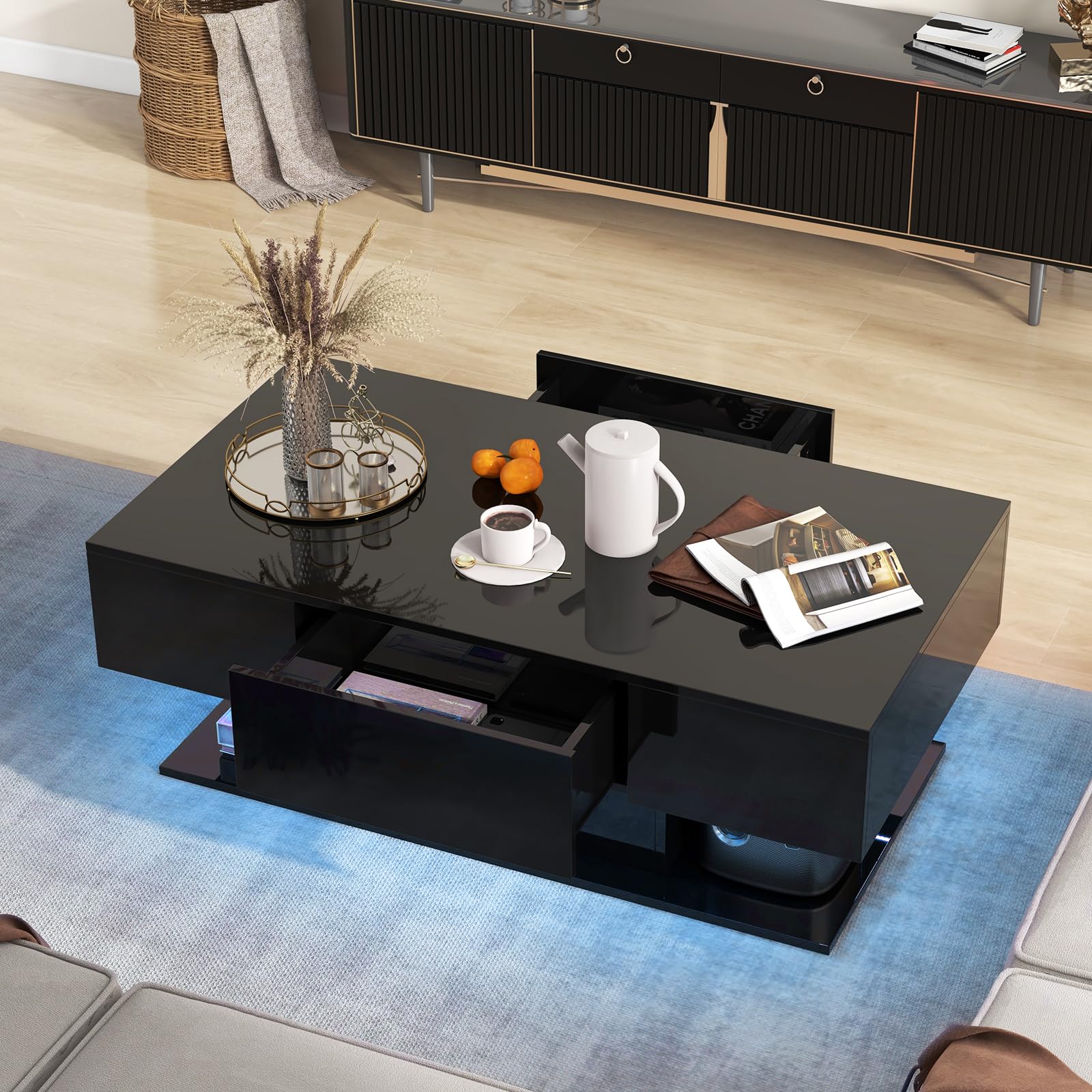 Giantex Modern LED Coffee Table - 2-Tier Center Table