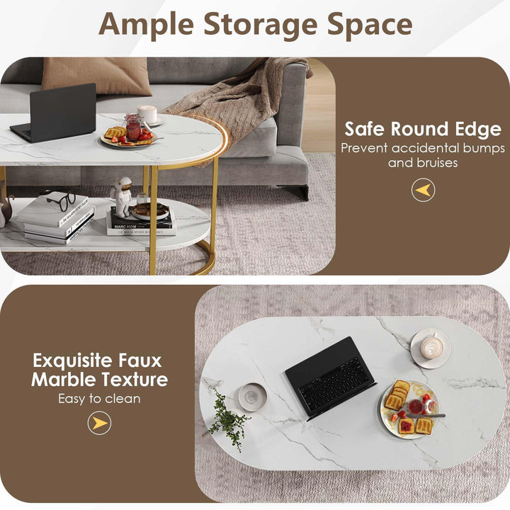 Giantex 2-Tier Coffee Table Oval Center Table with Wood Grain Top & Open Storage Shelf