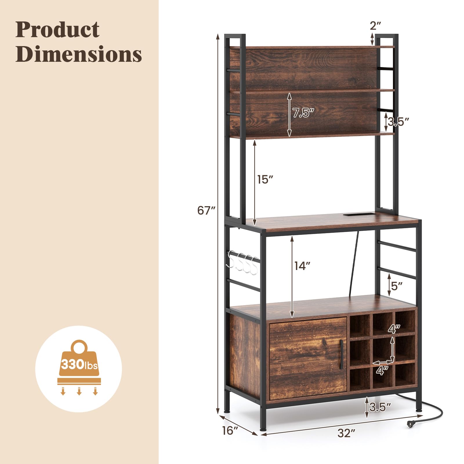 Giantex Bakers Rack with Power Outlet, 67” Microwave Stand with Storage Cabinet, Spice Rack