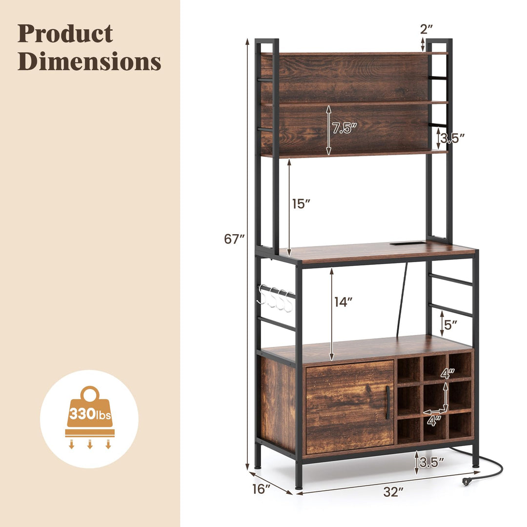Giantex Bakers Rack with Power Outlet, 67” Microwave Stand with Storage Cabinet, Spice Rack