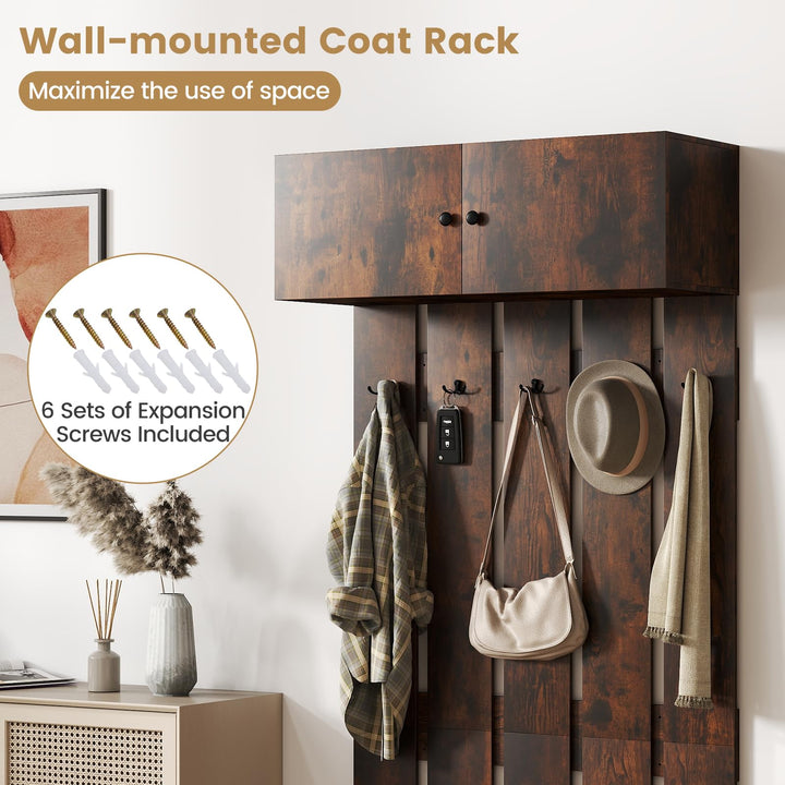 Giantex Wall Mounted Coat Rack 2-in 1 Hall Tree w/ 5 Double Hooks & 2-Door Cabinet