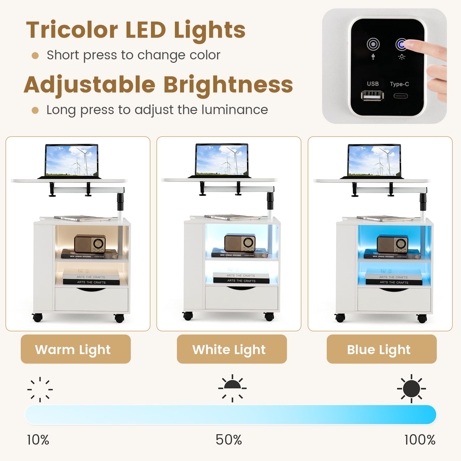 Giantex Nightstand with Charging Station and LED Lights, Modern Bedside Table Workstation