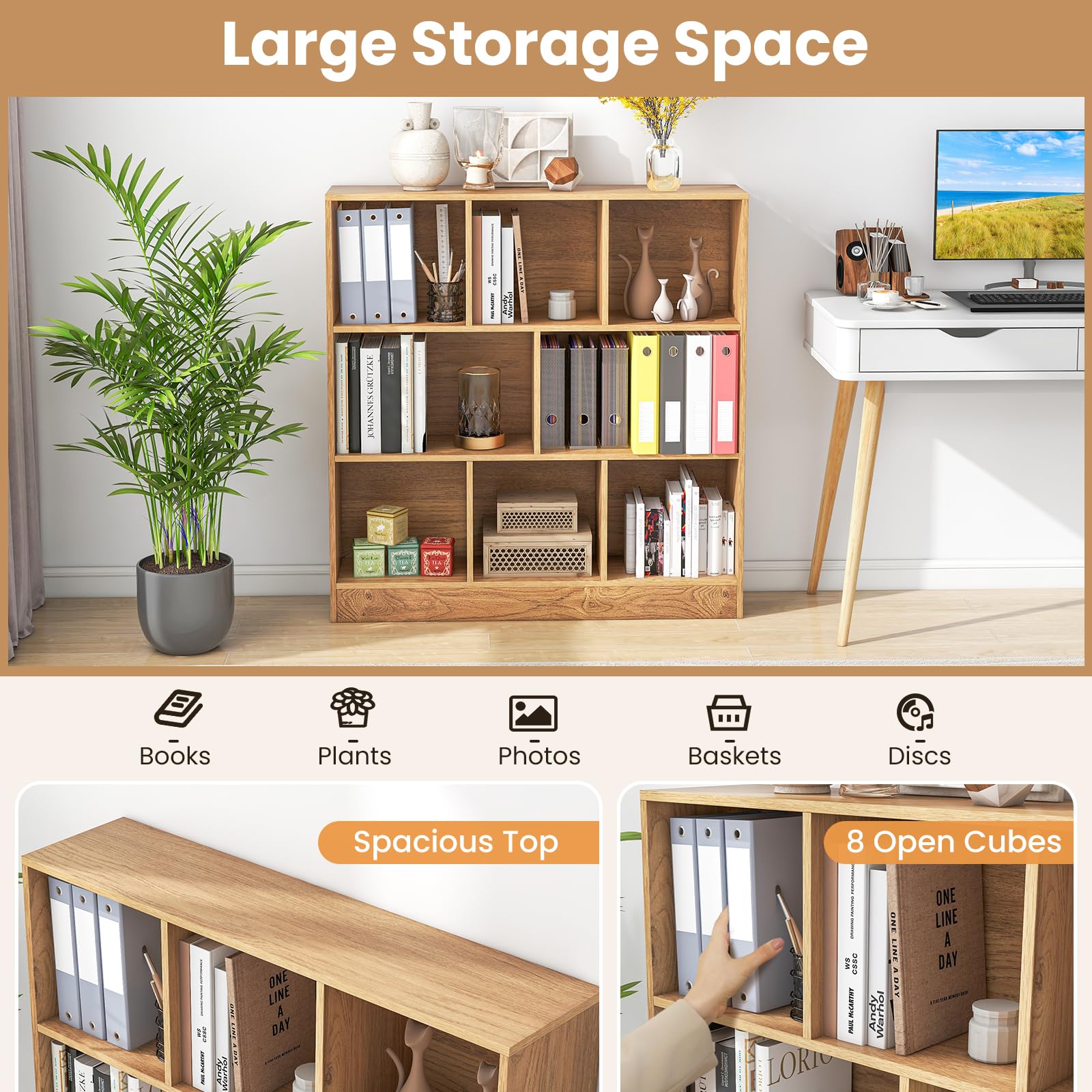 Giantex 8 Cube Bookcase, 4-Tier Freestanding Bookshelf w/ 8 Open Compartments, 2 Anti-Tipping Kits