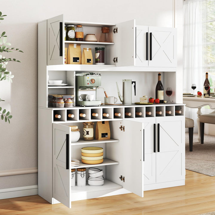 70 Inch Farmhouse Pantry Cabinet Kitchen Buffet Hutch with 4 Cabinets and 2 Open Shelves