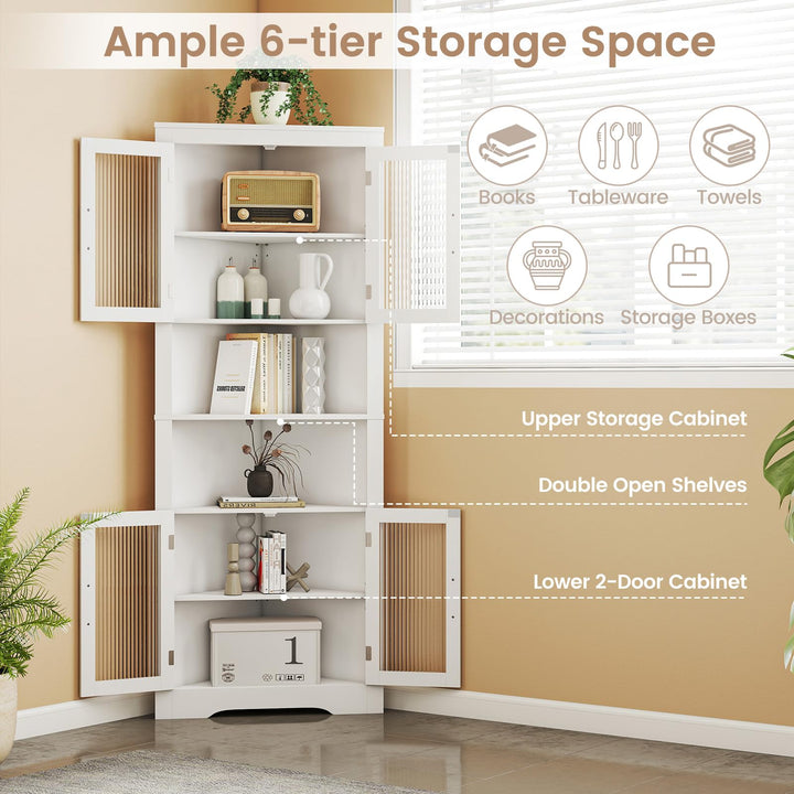 Giantex 67" Tall Corner Cabinet Space-Saving Triangular Storage Cabinet w/ 4 Tempered Glass Doors