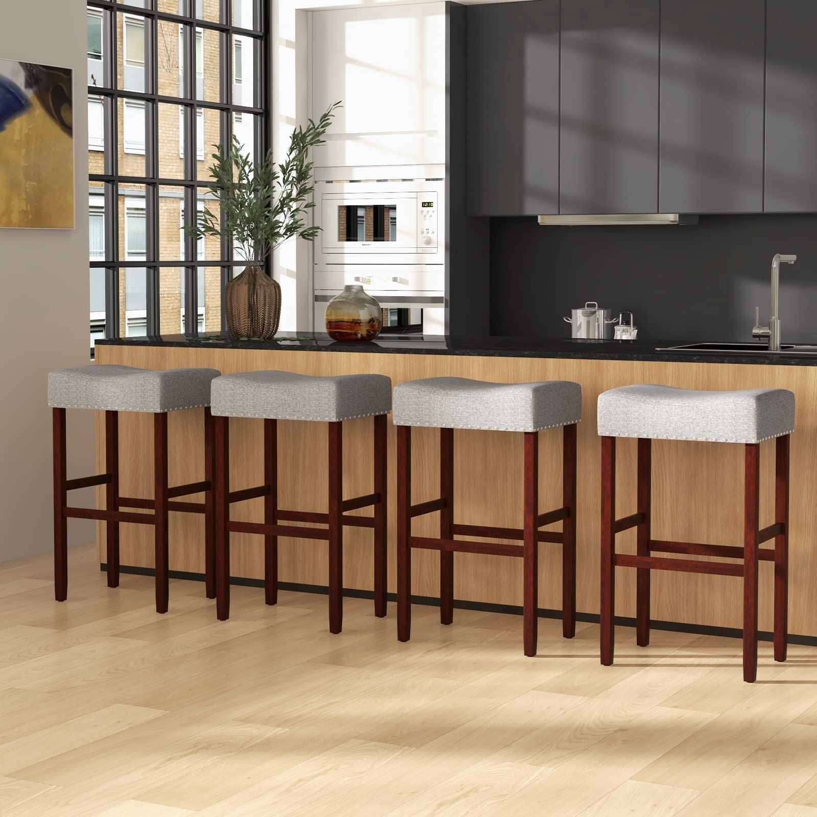 Giantex 29.5" Bar Height Bar Stools Set of 4 - Backless Saddle Barstools with Nailhead Linen Foam Seat