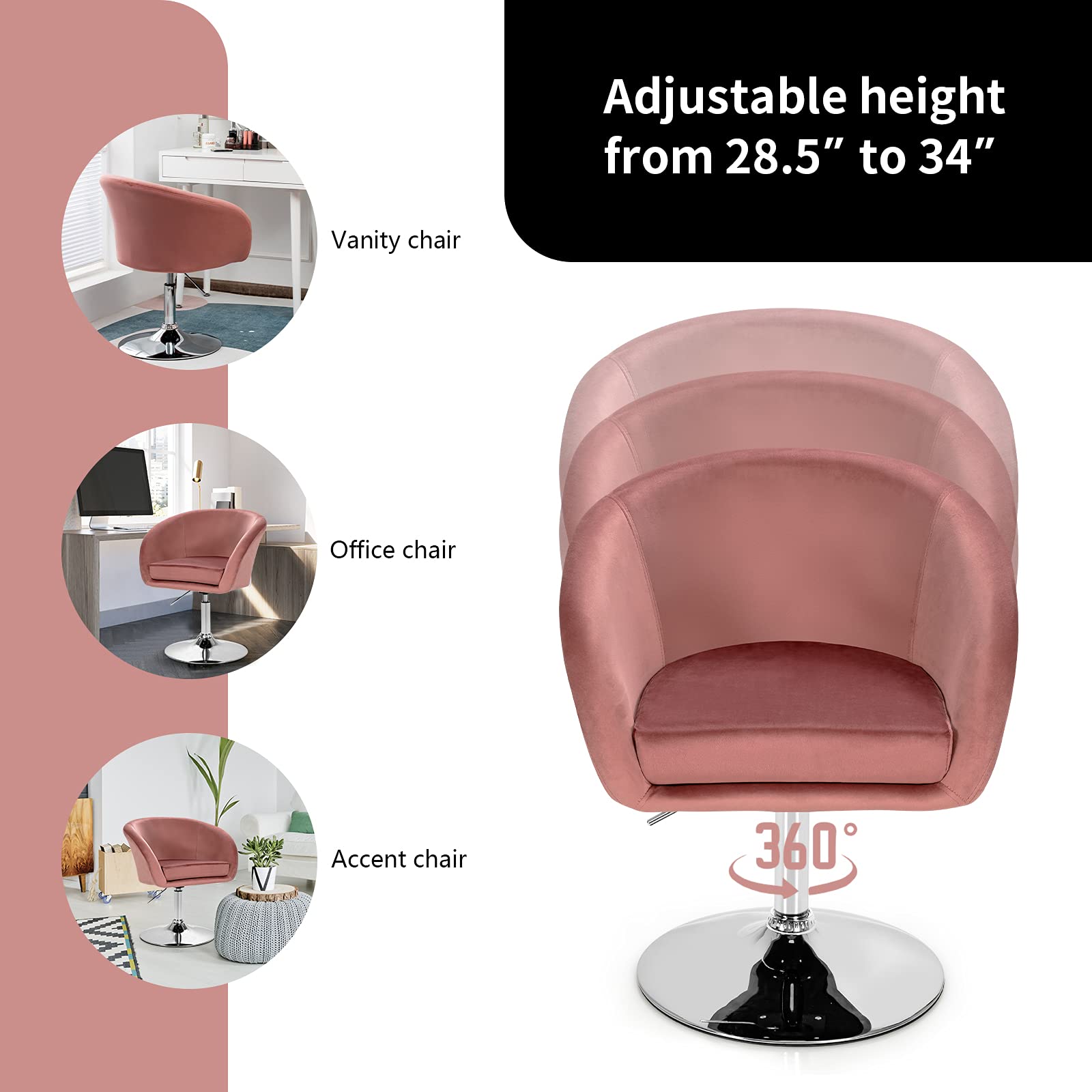 Height Adjustable Modern Velvet Makeup Chair with Chrome Frame