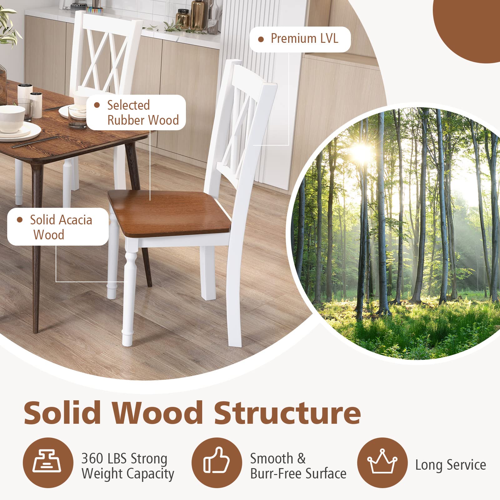 Giantex Dining Room Chairs Set of 2 White, Wooden Farmhouse Kitchen Chairs with Rubber Wood Seat