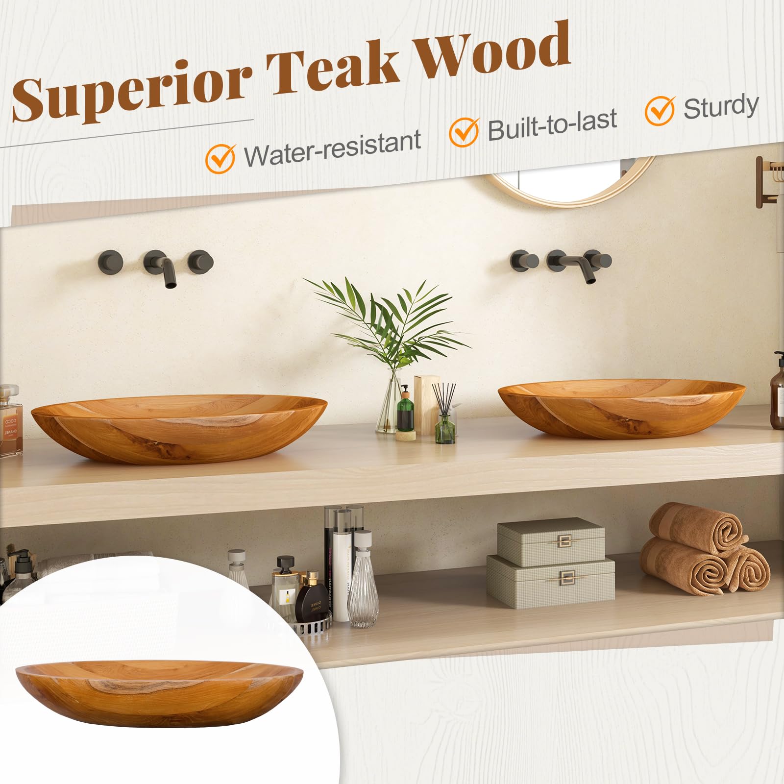 Giantex Teak Wood Vessel Sink - Bathroom Washbasin with Smooth Finish, No Assembly Art Basin (23.5” x 16” x 4.5”)