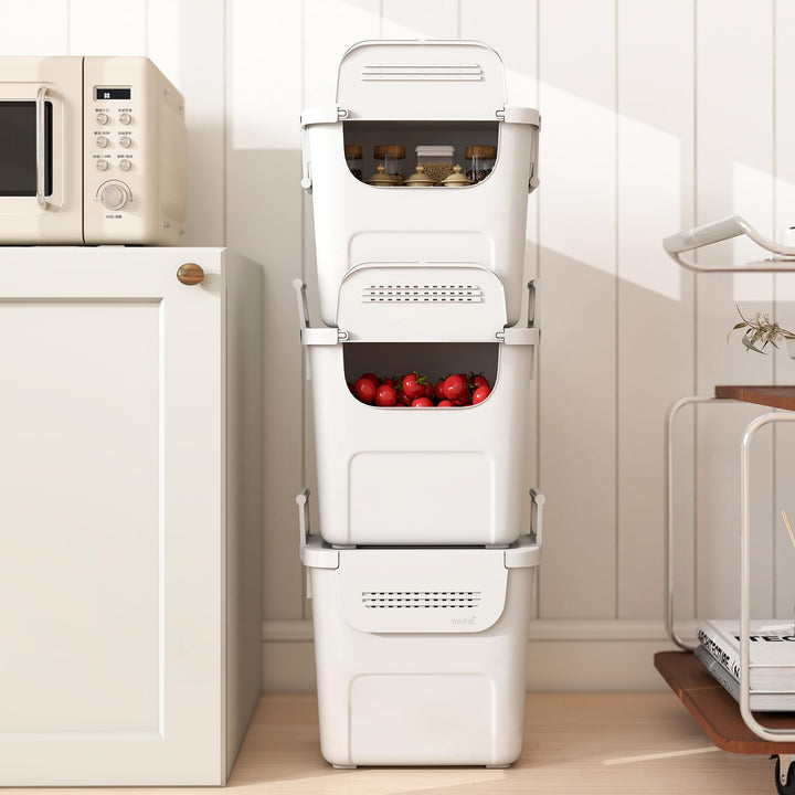 Giantex 3 Pieces Plastic Storage Bins Stackable with Front Door and Side Handles