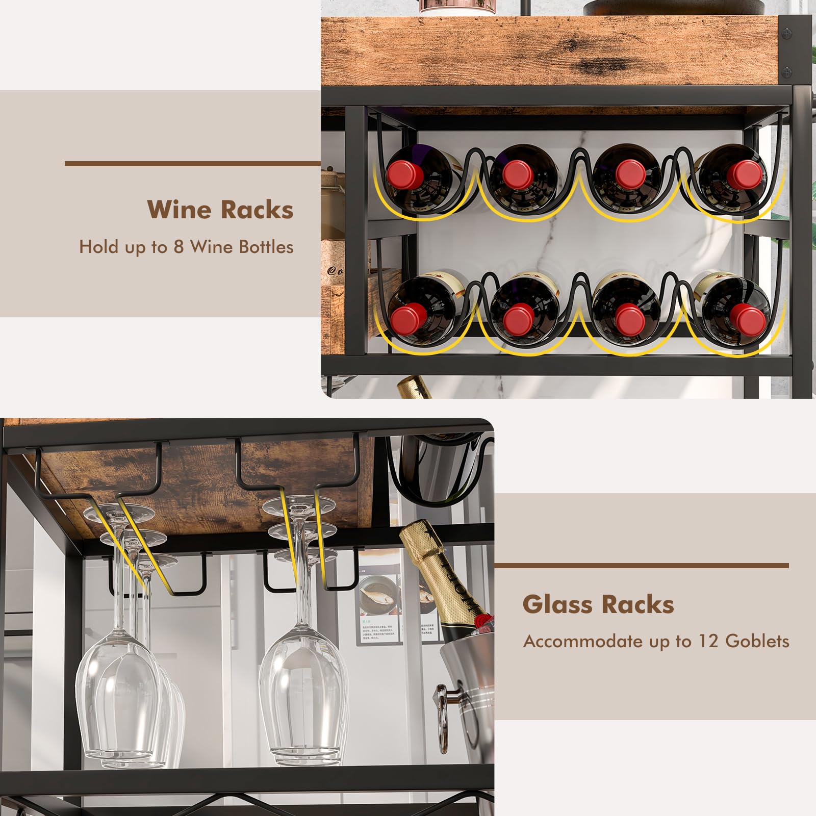Giantex Home Bar Serving Cart, 3-Tier Rolling Bar Cart with Removable Tray, Wine Rack & Glass Holder, Rustic Brown
