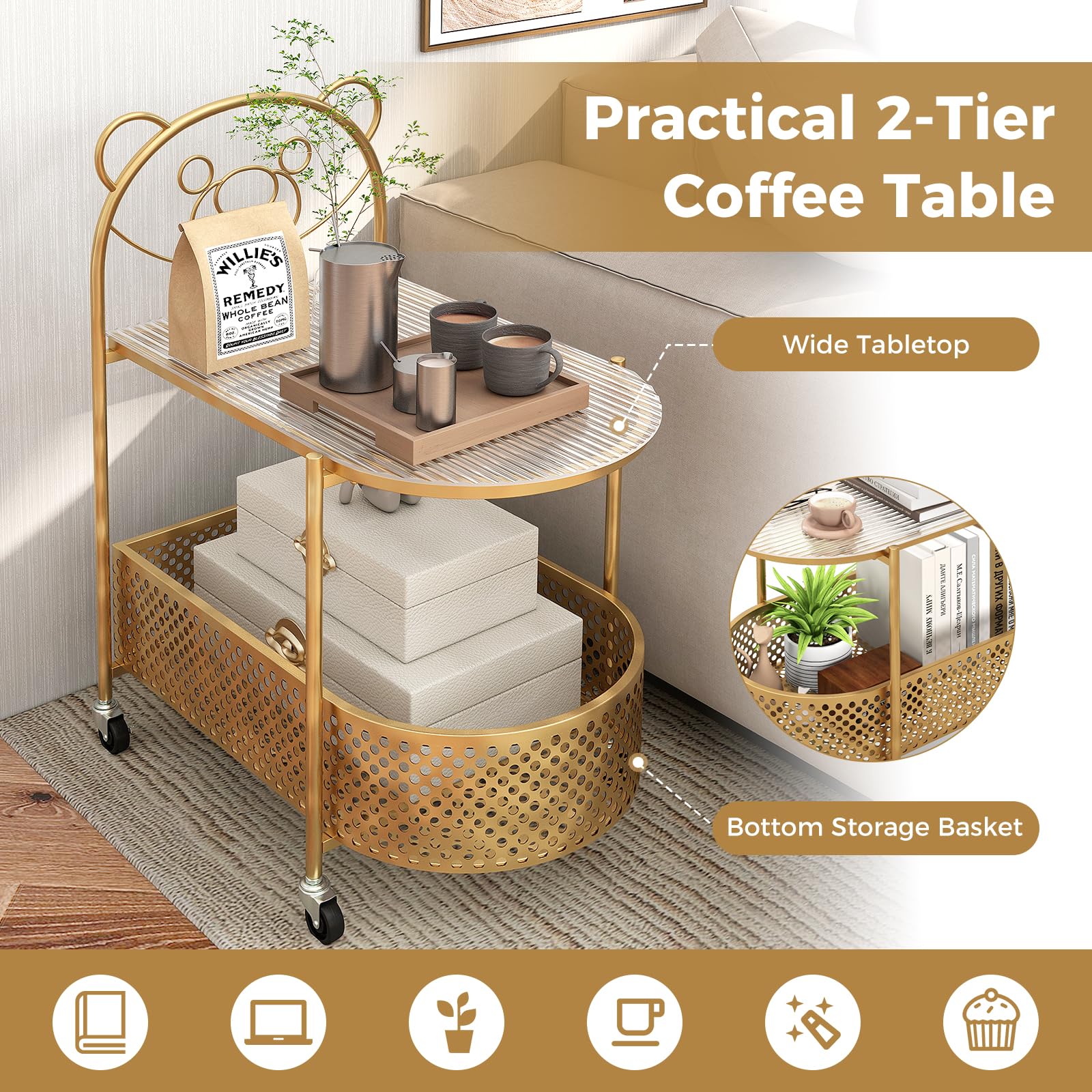 Giantex Mobile Glass Coffee Table, 2-Tier Modern Cocktail Table with Bear Pattern, Storage Basket & Metal Frame