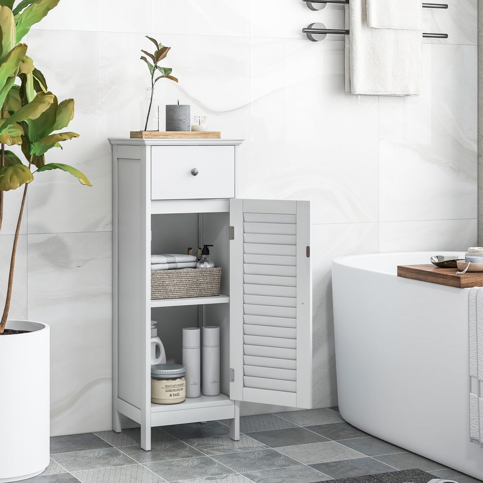 Giantex Bathroom Floor Storage Cabinet - Freestanding Side Cabinet with 1 Door, 1 Drawer & 3-Height Adjustable Shelf