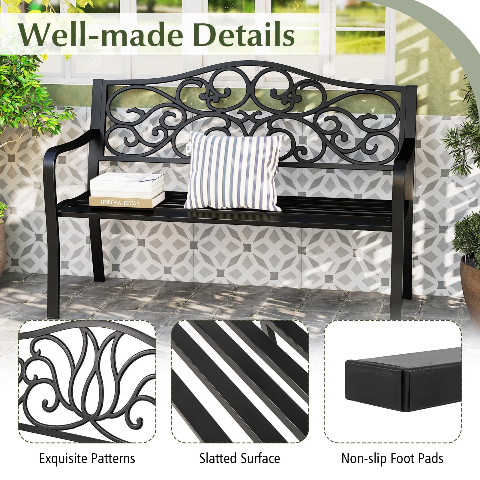 Giantex 50 Inches Outdoor Bench with Floral Pattern