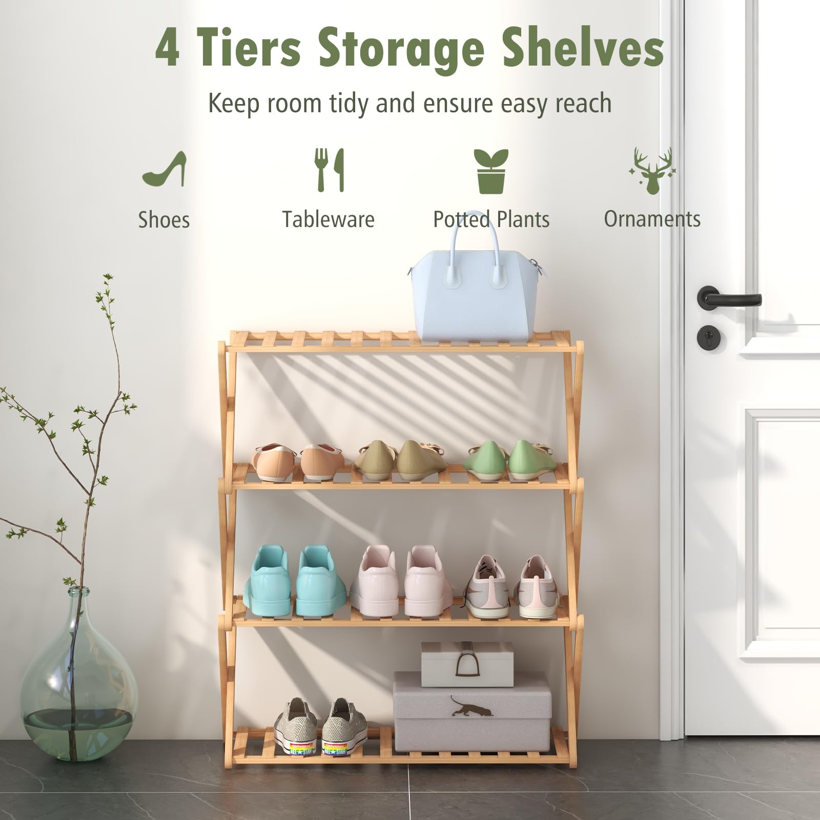 Giantex Bamboo Plant Stand Indoor, 4-Tier Folding Planter Shelf, Foldable Display Rack w/ Slatted Shelves, No Assembly