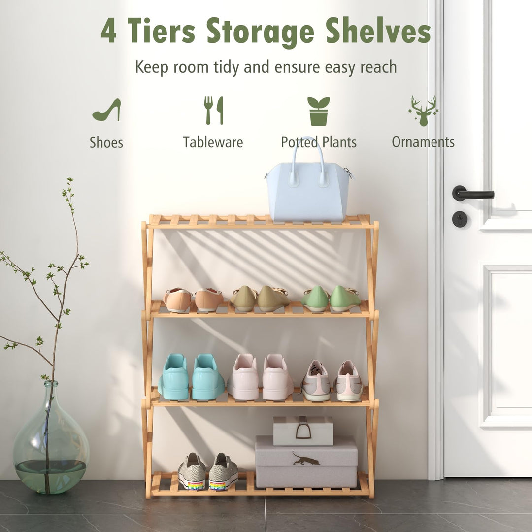Giantex Bamboo Plant Stand Indoor, 4-Tier Folding Planter Shelf, Foldable Display Rack w/ Slatted Shelves, No Assembly