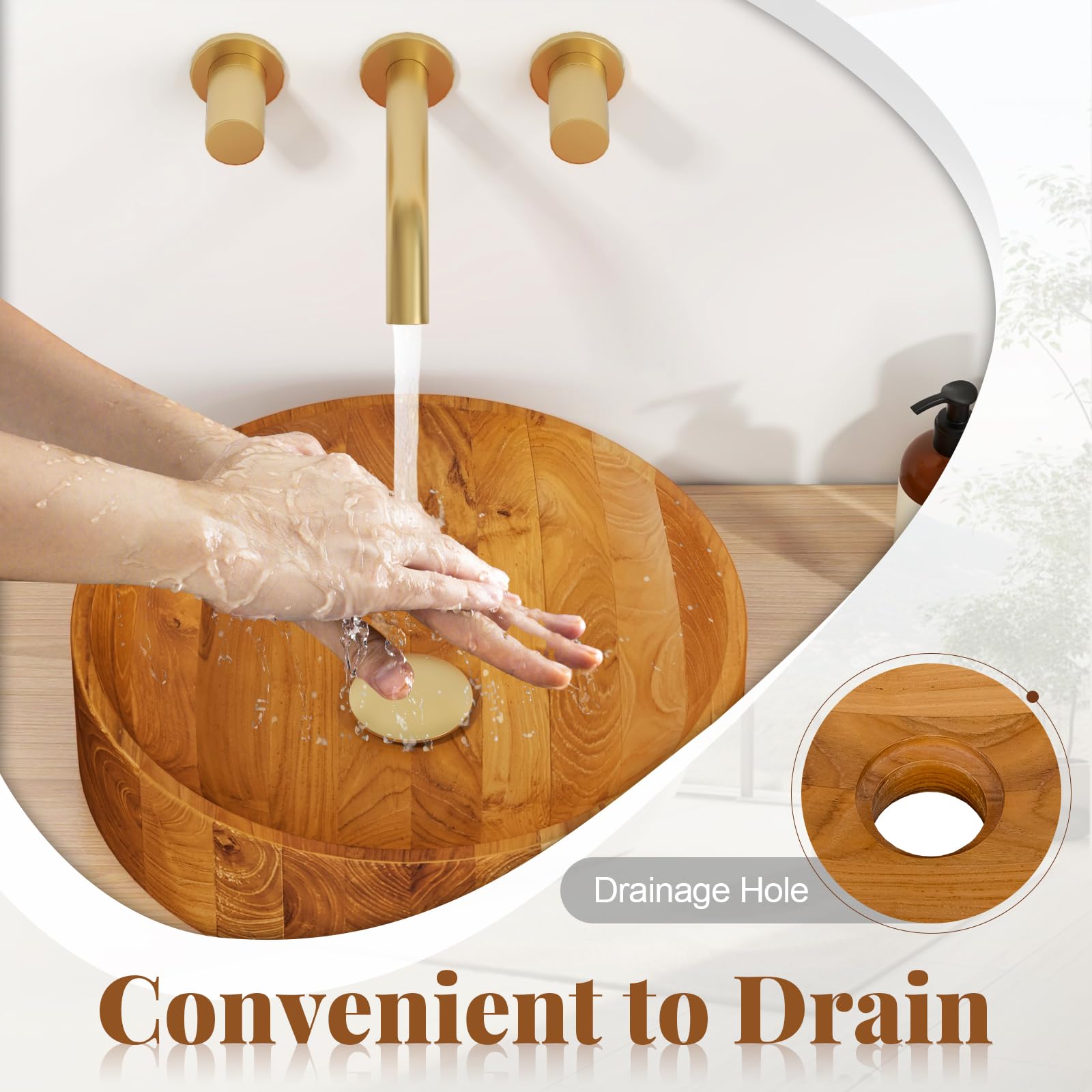 Giantex Teak Wood Vessel Sink - Bathroom Washbasin with Smooth Finish, 2.5” Drain Hole for 1 5/8" Drainage (16” x 16” x 4”)