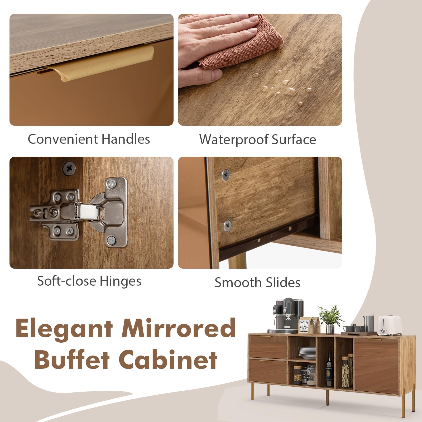 Giantex Mirrored Buffet Cabinet, Wooden Kitchen Sideboard Storage Cabinet w/2 Drawers & 1 Door Accent Cabinet