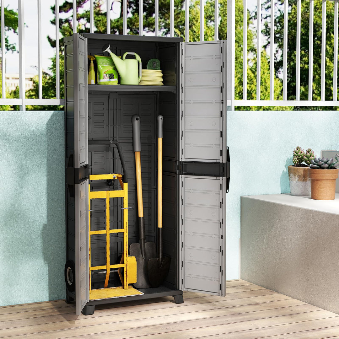 68" Lockable Storage Cabinet, PP Garage Storage Shed with Doors, 3 Adjustable Shelves