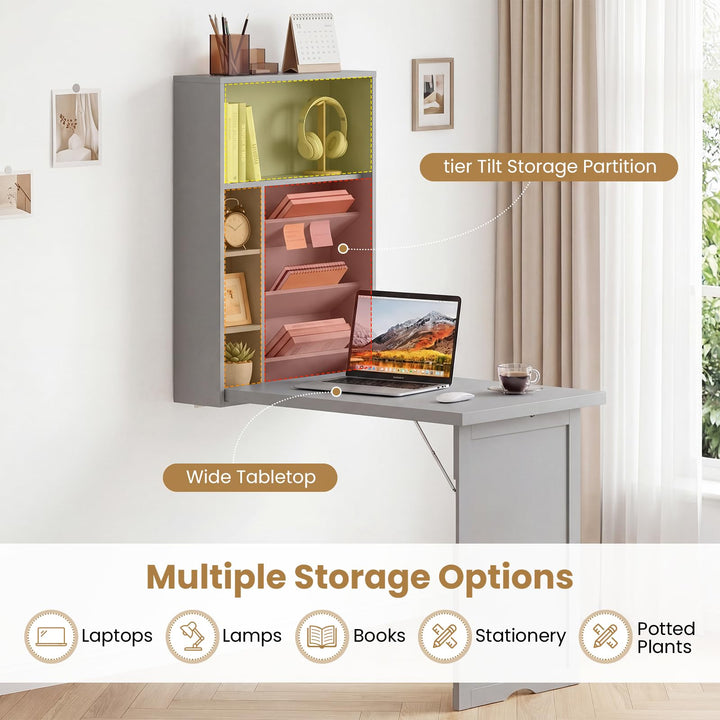Giantex Wall Mounted Desk | Foldable Convertible Computer Desk with Storage Shelves