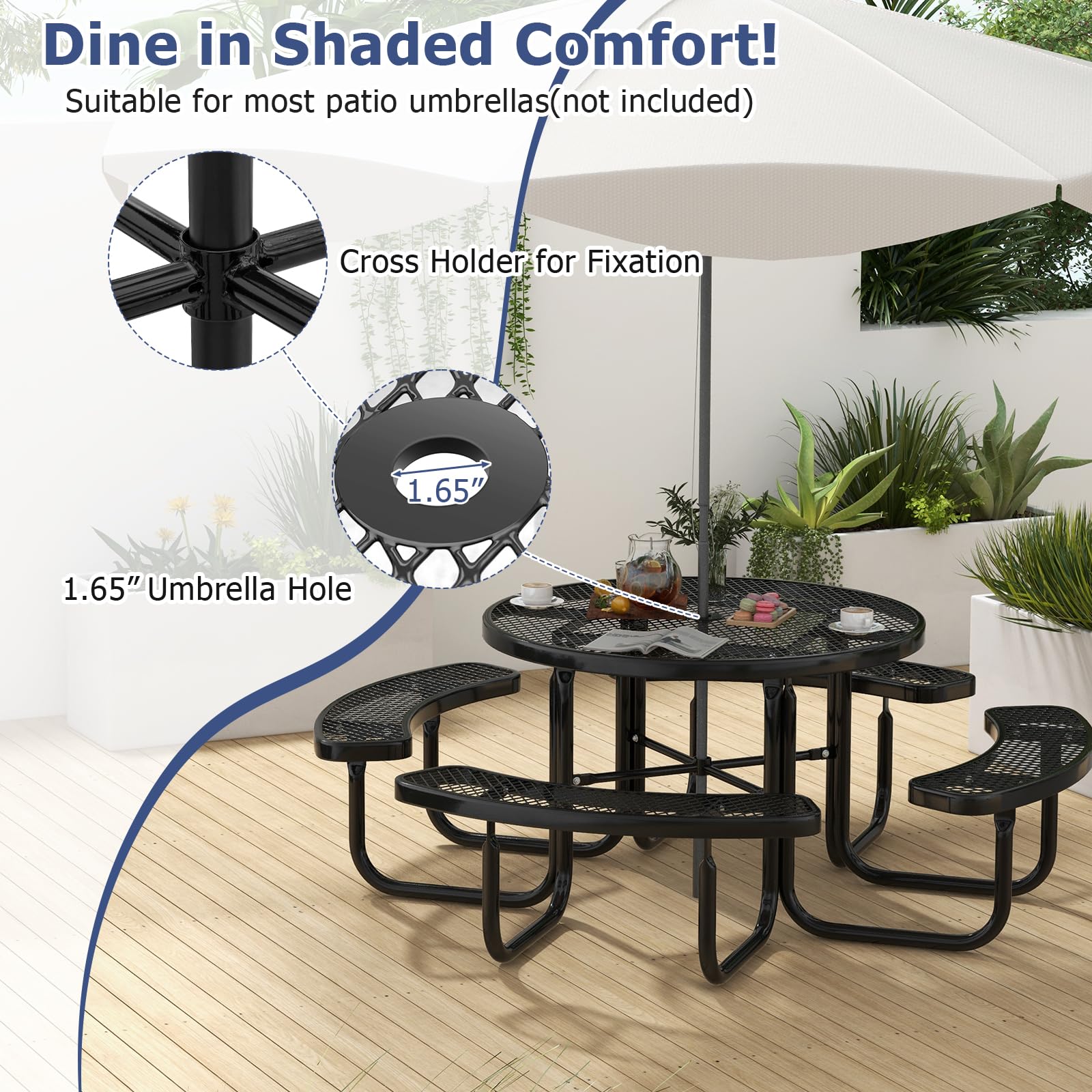 Giantex Round Picnic Table Set for 8 Persons, 45 Inch Outdoor Table and Bench Set with Umbrella Hole