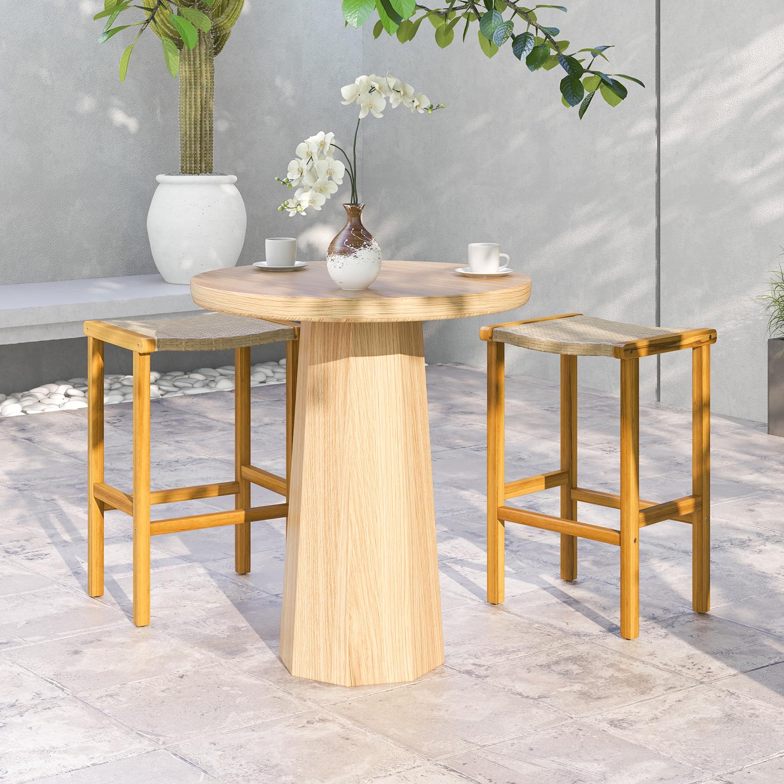 Giantex Patio Wood Bar Stools Set of 2, Acacia Wood Bar Stools w/Rattan Woven Seat