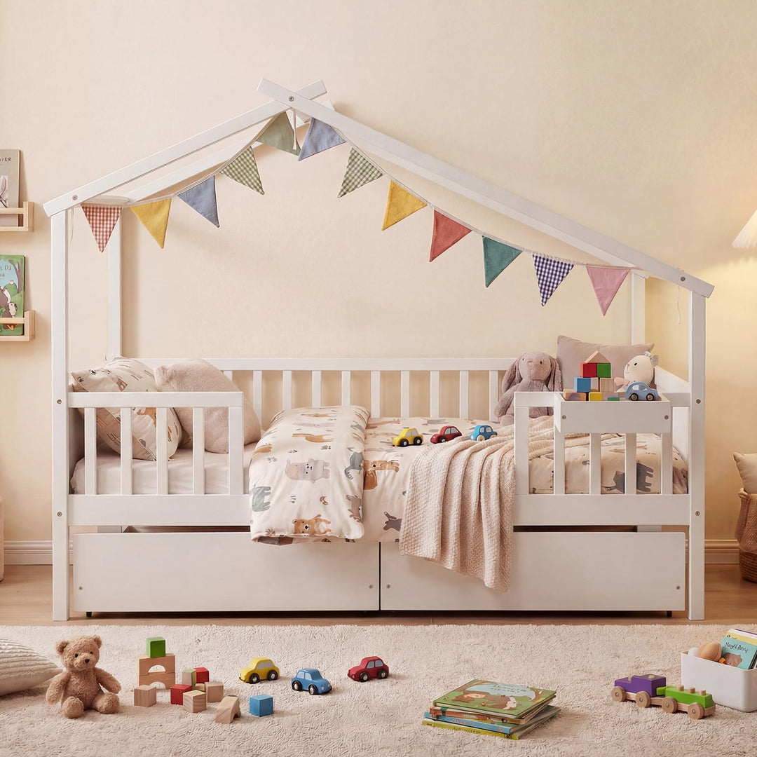 Giantex Full Size House Bed with Roof and Fence Rails for Kid