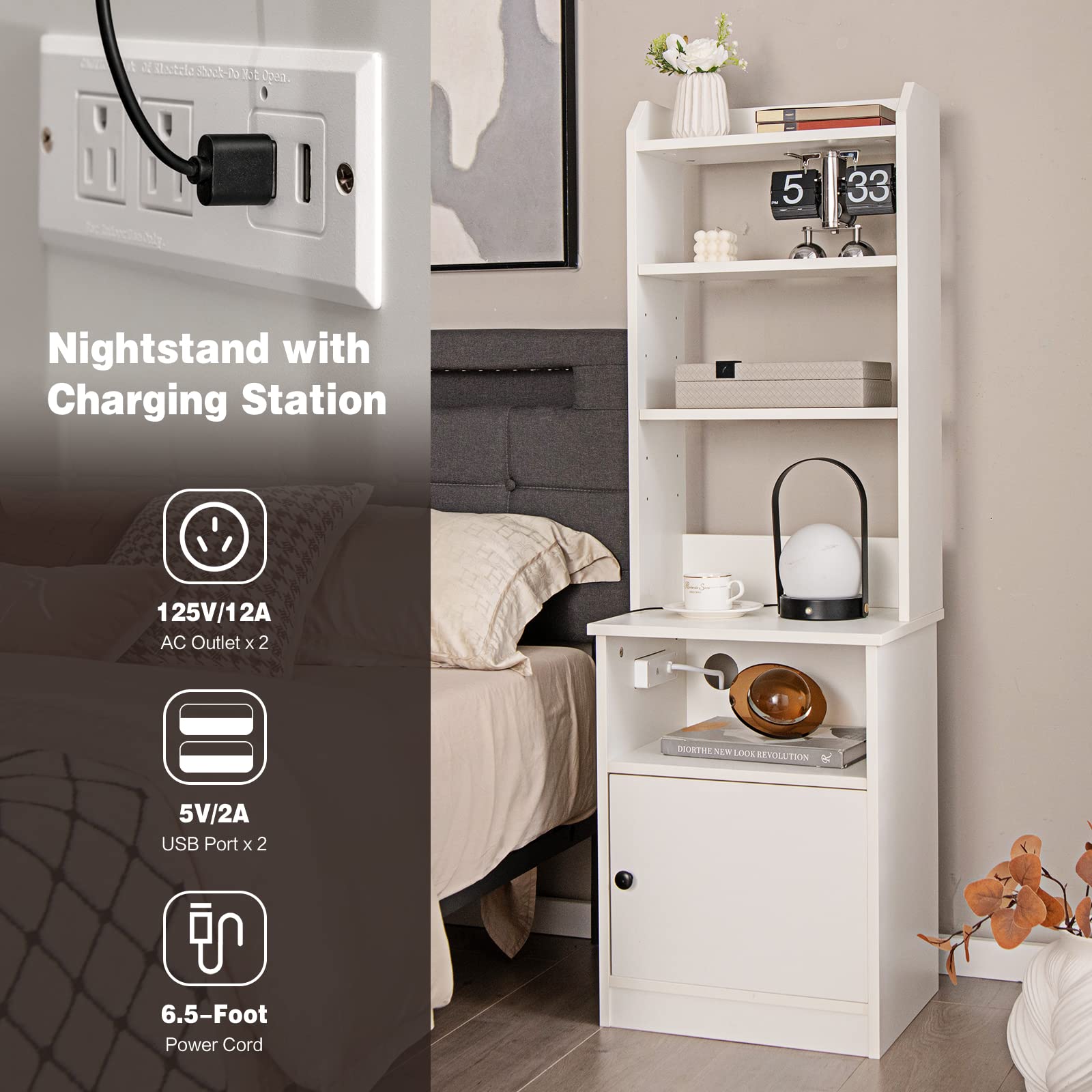 Giantex Nightstand with Charging Station - 55" Tall Bedside Table