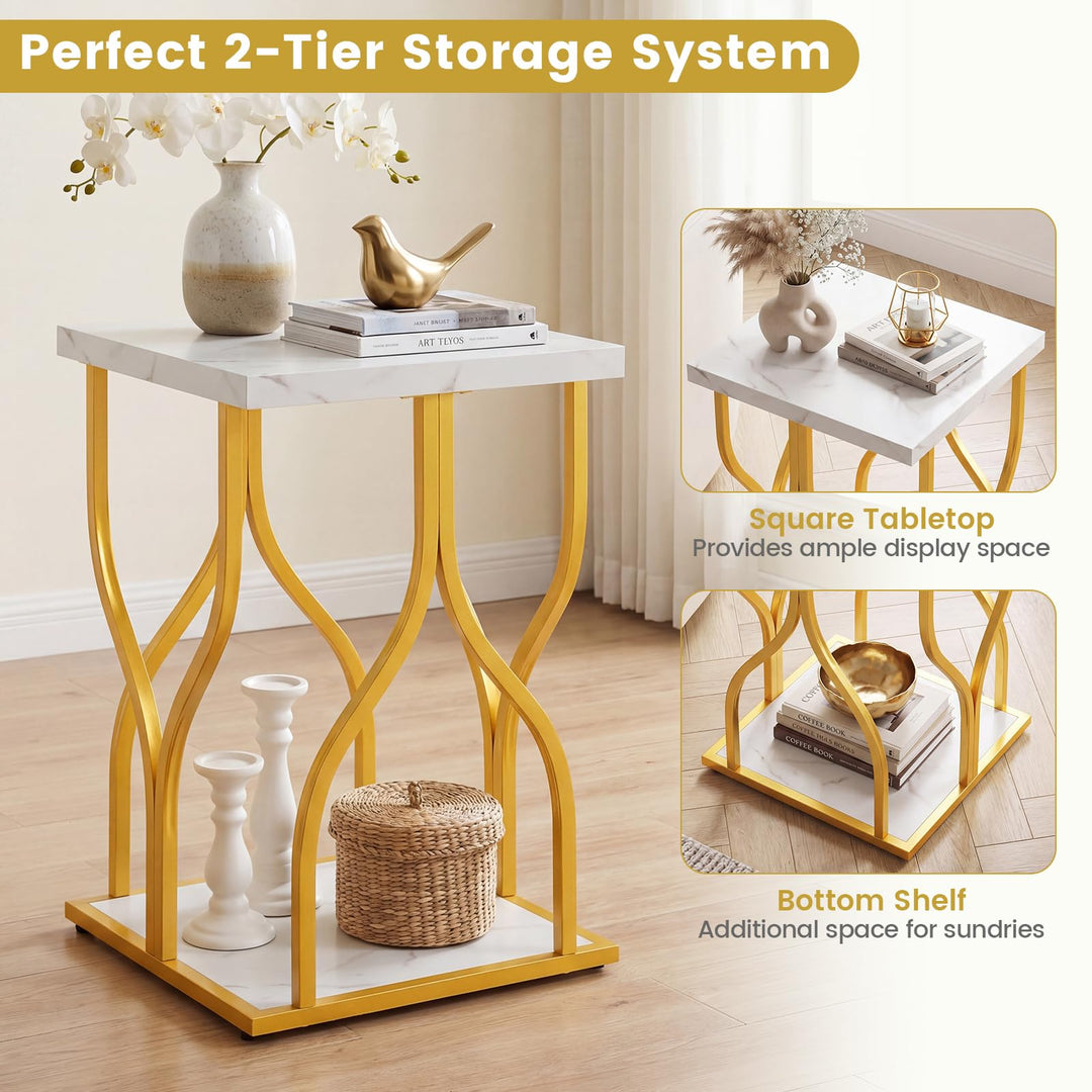 Giantex 2-Tier End Table with Storage Shelf &amp; Gold Petal-Inspired Geometric Metal Frame