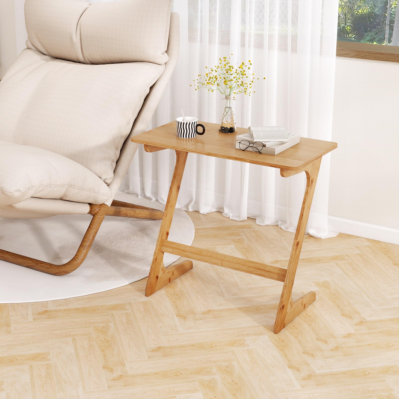 Giantex Bamboo TV Tray Table, Z Shaped Sofa Couch Side Table for Eating Snacks Coffee Laptop