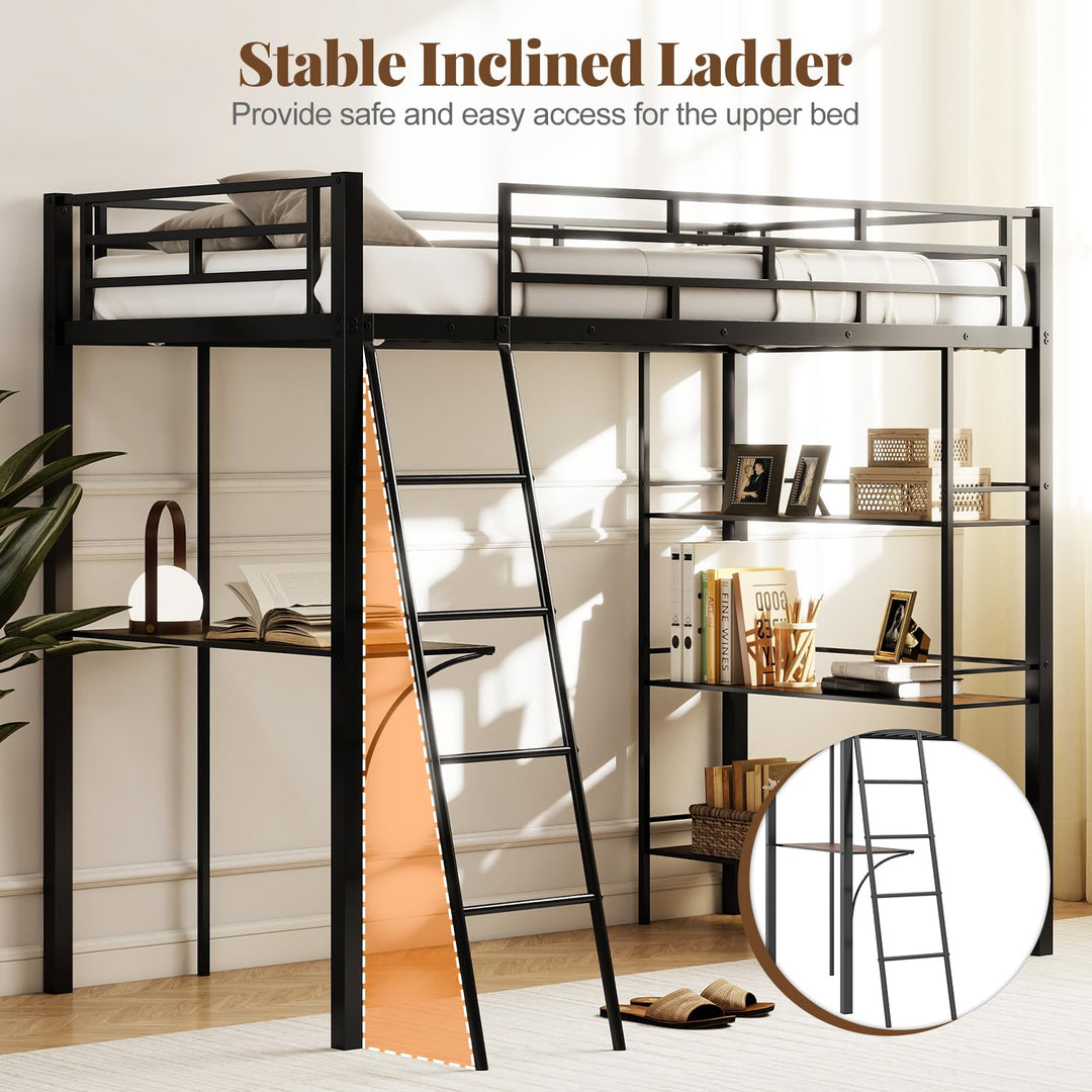 Giantex Twin Size Loft Bed with Desk & Shelves for Kids