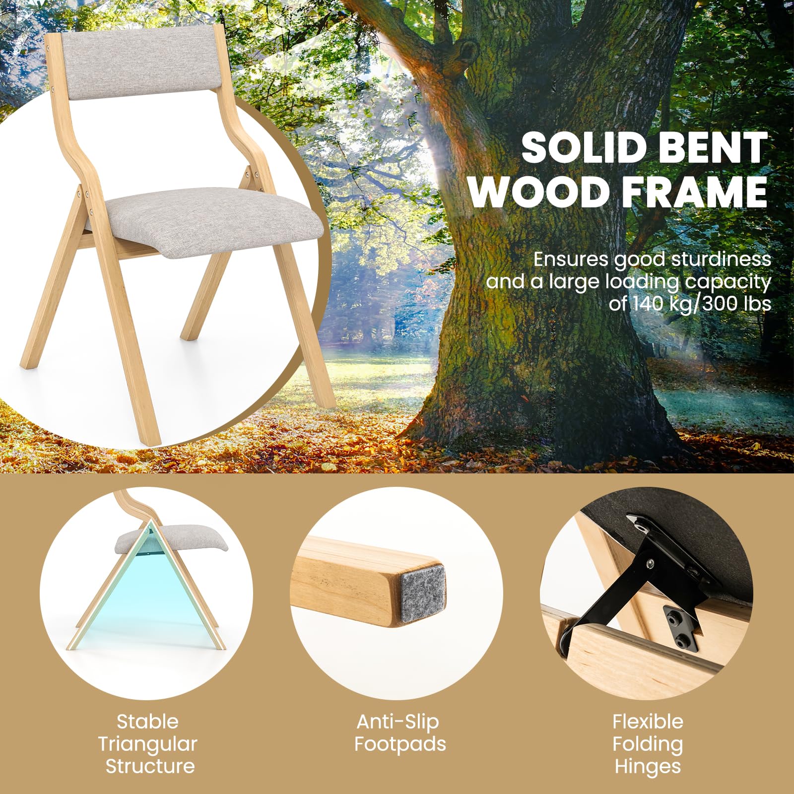 Folding Dining Chair Set of 2, No Assembly Folding Chairs w/Linen Padded Seats - Giantex