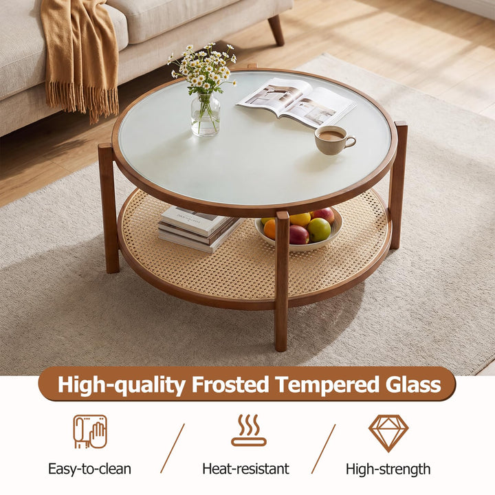 Giantex 35" Rattan Farmhouse Glass Center Table with Storage