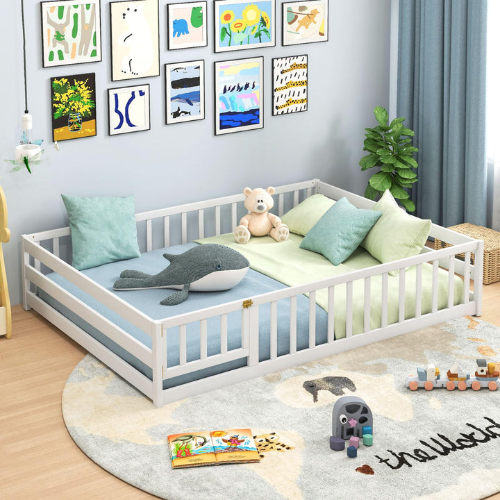 Giantex Floor Bed with Door & Fence Kids Wood Montessori Beds with Safety Guardrails