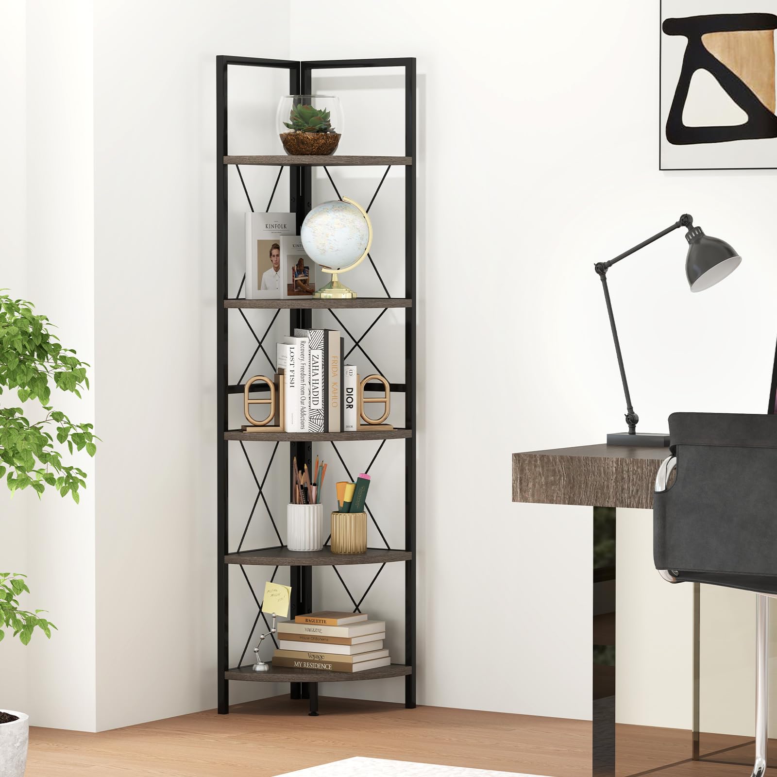 Giantex 5-Tier Corner Shelf, 63" Tall Corner Bookshelf, Freestanding Storage Rack w/Metal Frame