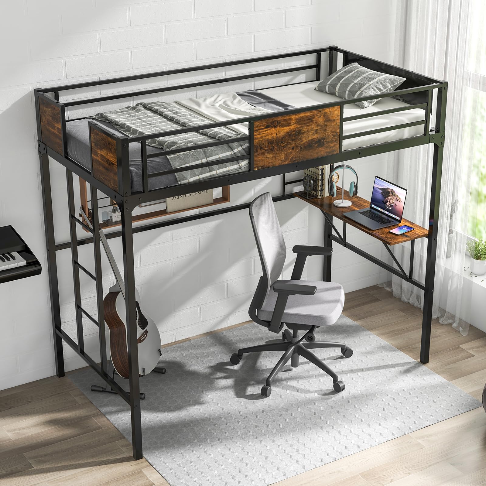 Giantex Loft Bed Twin Size with Desk and Storage Shelf