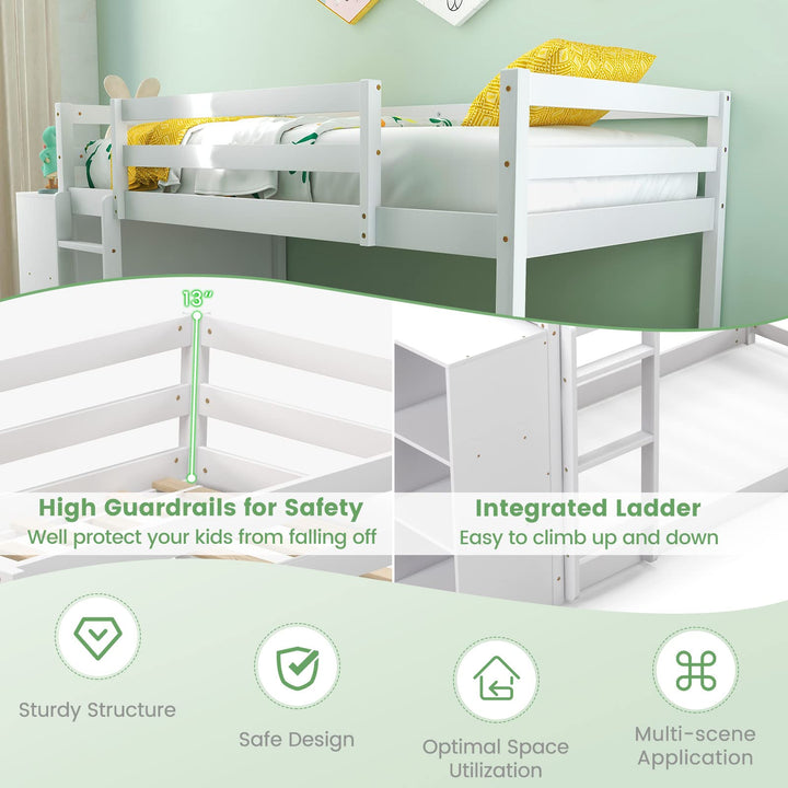 Giantex Twin Over Twin Bunk Bed with Storage Shelves, Solid Wood Bunk Bed Frame with Convertible Bookcase & Ladder, White