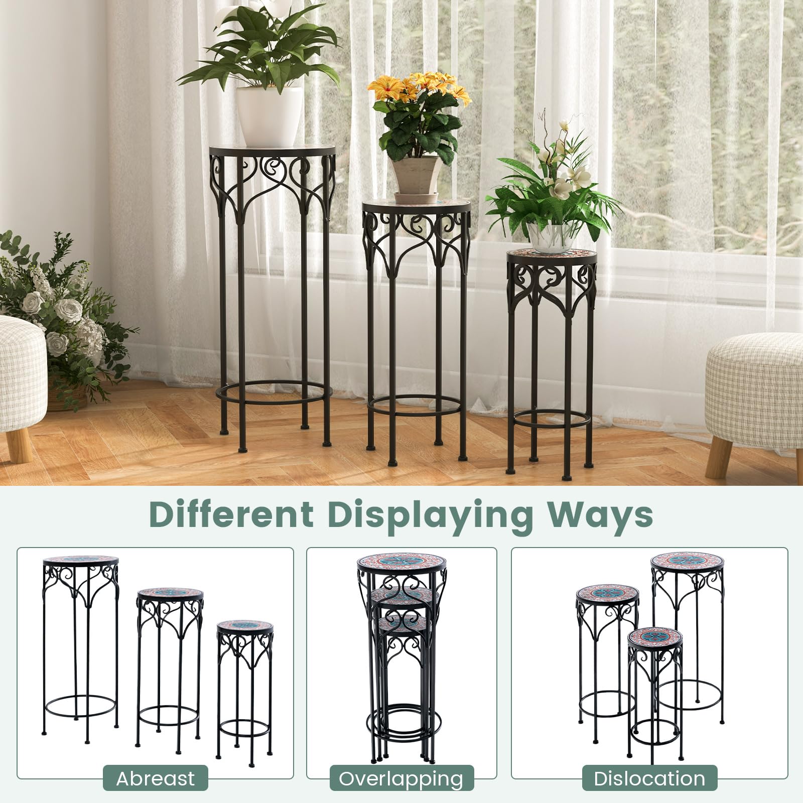 Giantex Metal Plant Stand Set of 3, 28" Mosaic Tall Flower Stand with Ceramic Top