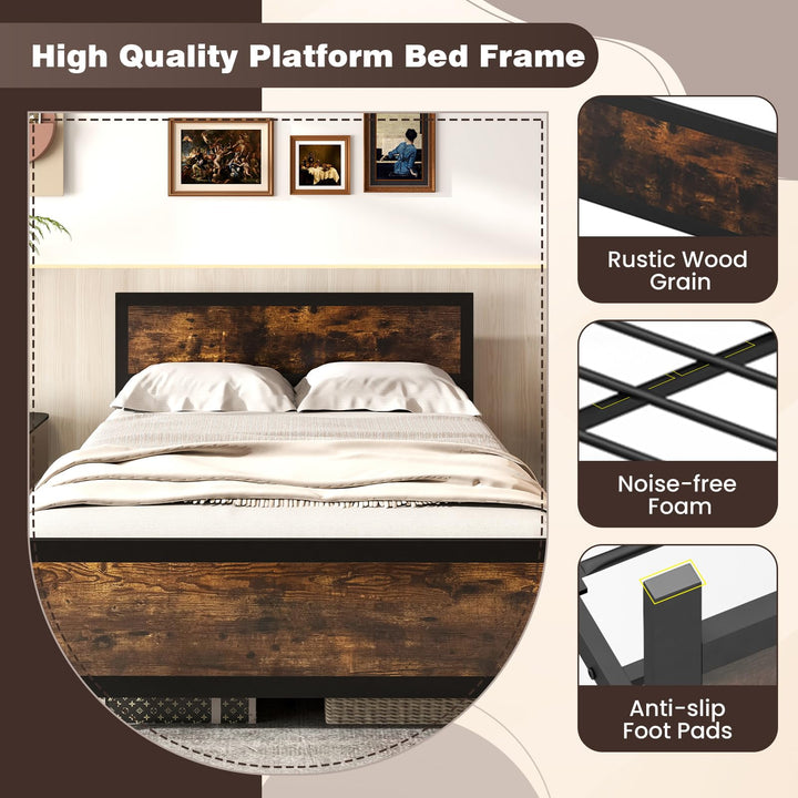 Giantex Metal Full Size Platform Bed Frame with Wood Headboard and Footboard