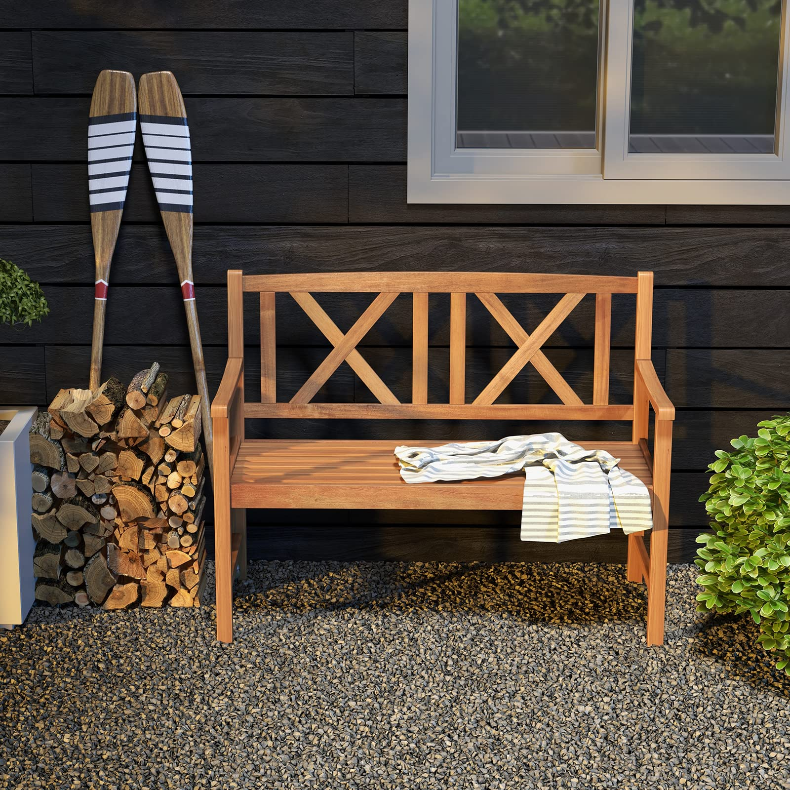 Giantex Outside Garden Bench Loveseat - 2-Person Acacia Wood Bench with Armrest