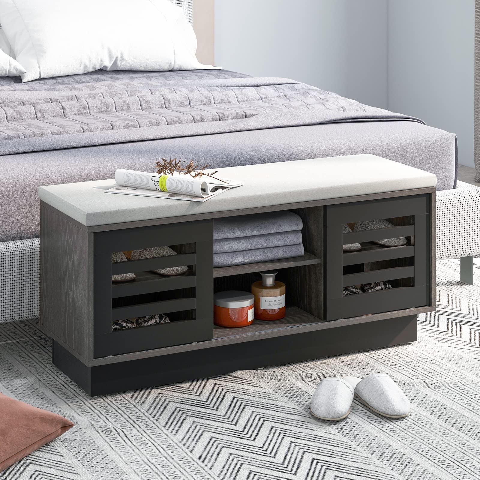 Giantex Entryway Shoe Storage Bench - Shoe Rack w/Seat Cushion & 6 Storage Compartments