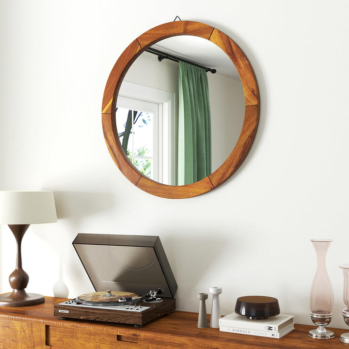Farmhouse Wall Mirror Round Mirror with Solid Acacia Wood Frame