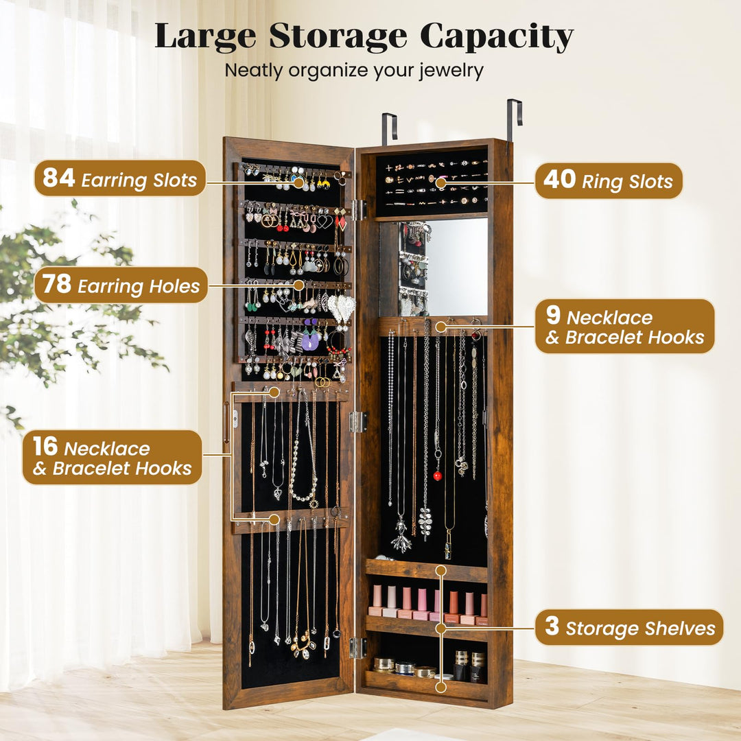Giantex Wall Mounted Jewelry Cabinet with Full Length Mirror Over The Door Jewelry Armoire Organizer with Large Storage
