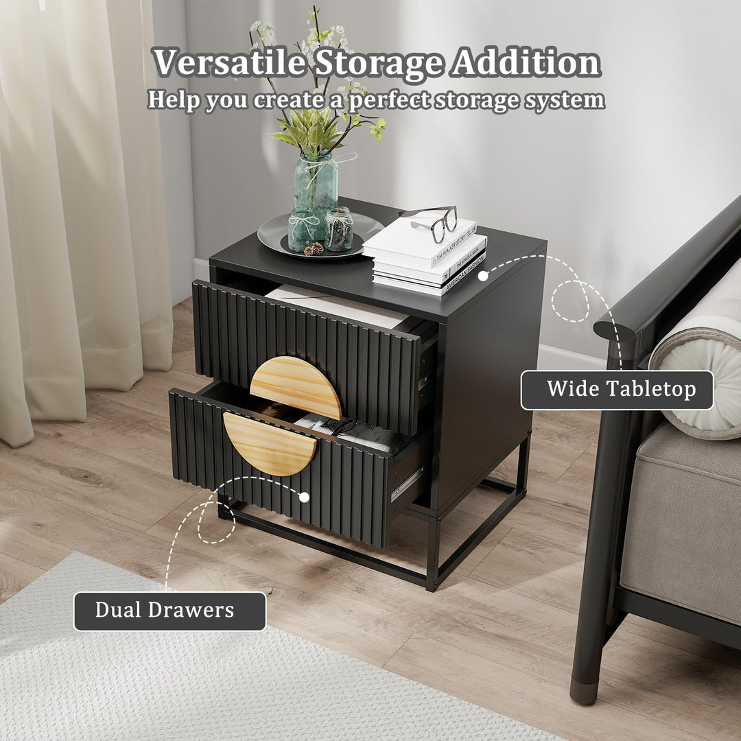 Giantex Fluted Nightstand with 2 Drawers with Natural Circle Handle & Metal Frame