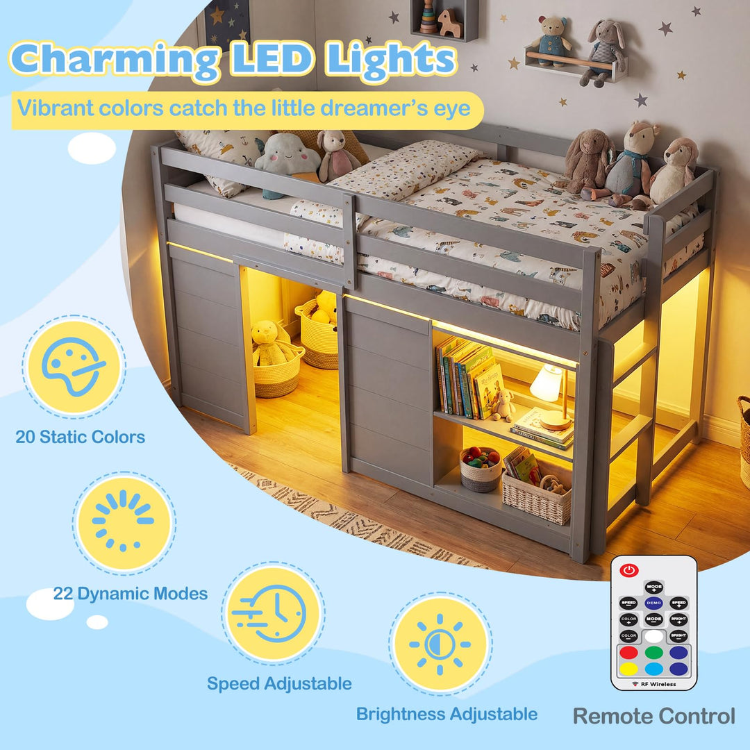 Giantex Wooden Low Kids Loft Bed with  LED Lights and 2 Doors