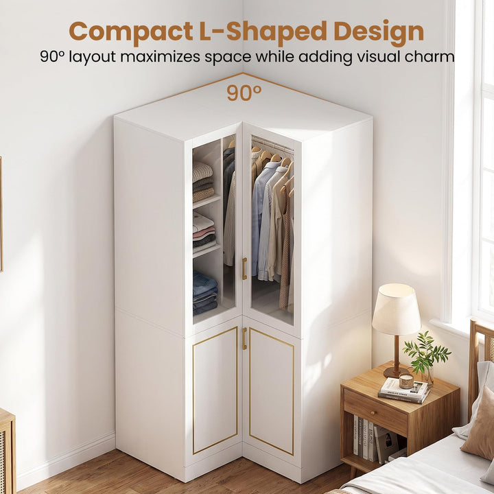 GIANTEX 70" L-shaped Armoire Wardrobe Closet with Glass Doors &amp; Adjustable Shelves