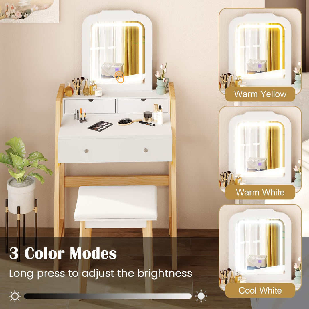 Small Vanity Desk with Mirror and Lights, White Makeup Vanity Desk with 3 Drawers