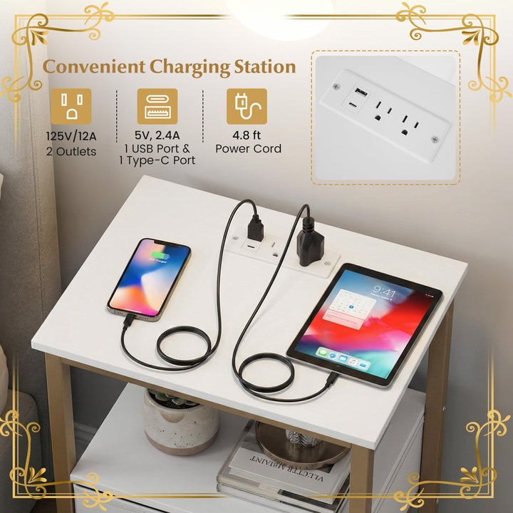 Giantex Nightstand with Charging Station and Adjustable Fabric Drawer for Bedroom and Living Room