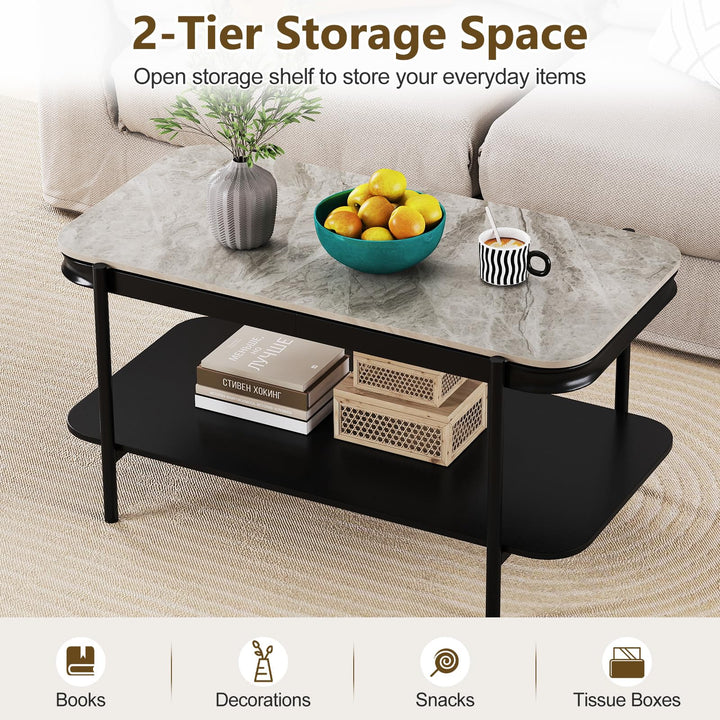 Giantex 2-Tier Coffee Table with Storage Faux Mable Center Table w/Sintered Stone Top