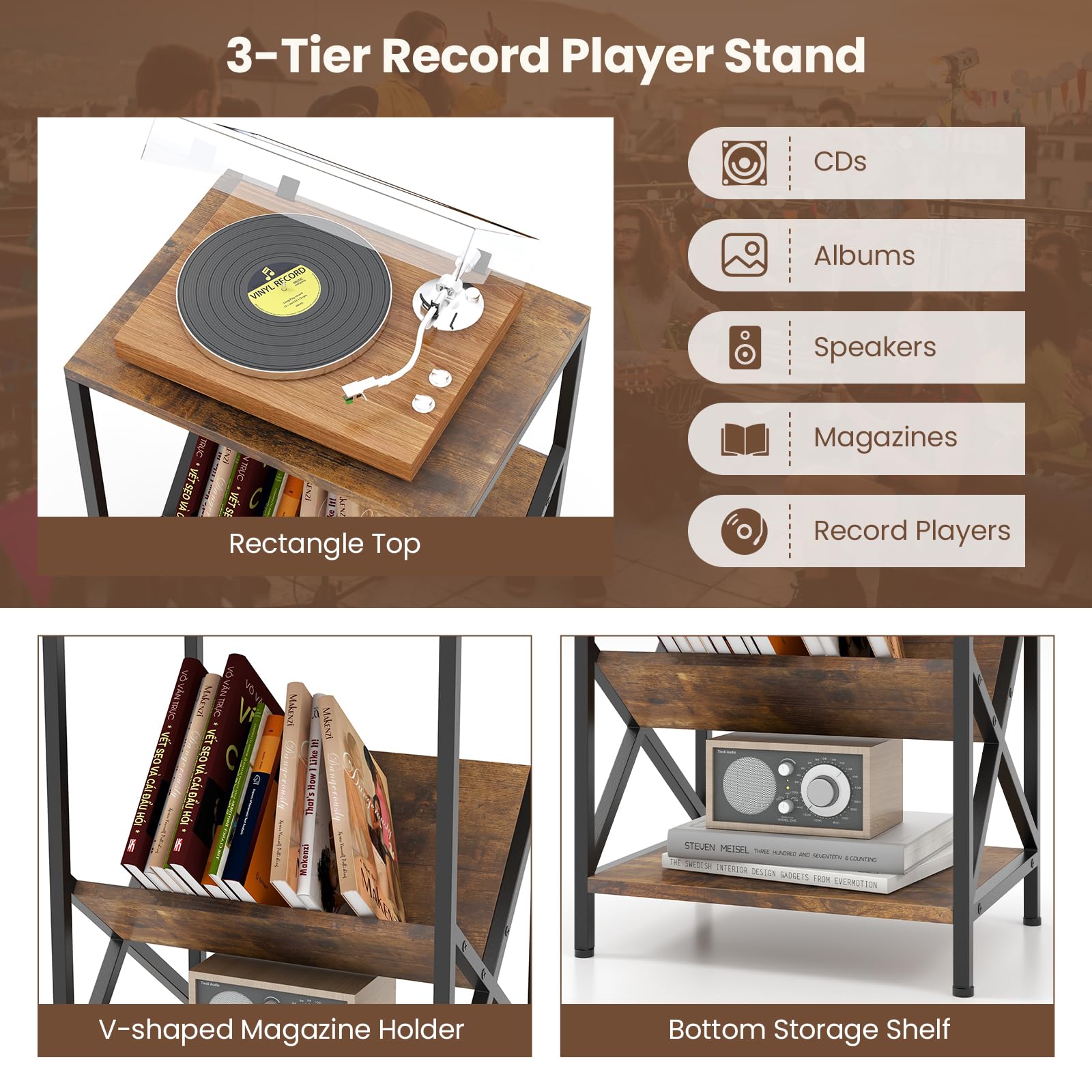 Giantex Record Player Stand, 3-Tier End Table w/ V-Shaped Magazine Holder, Turntable Stand with Record Storage Up to 80 Albums